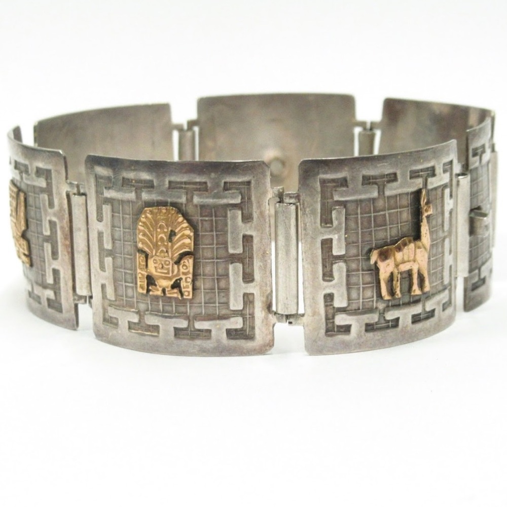 Peruvian Sterling silver link bracelet w/18K gold traditional Andean motifs